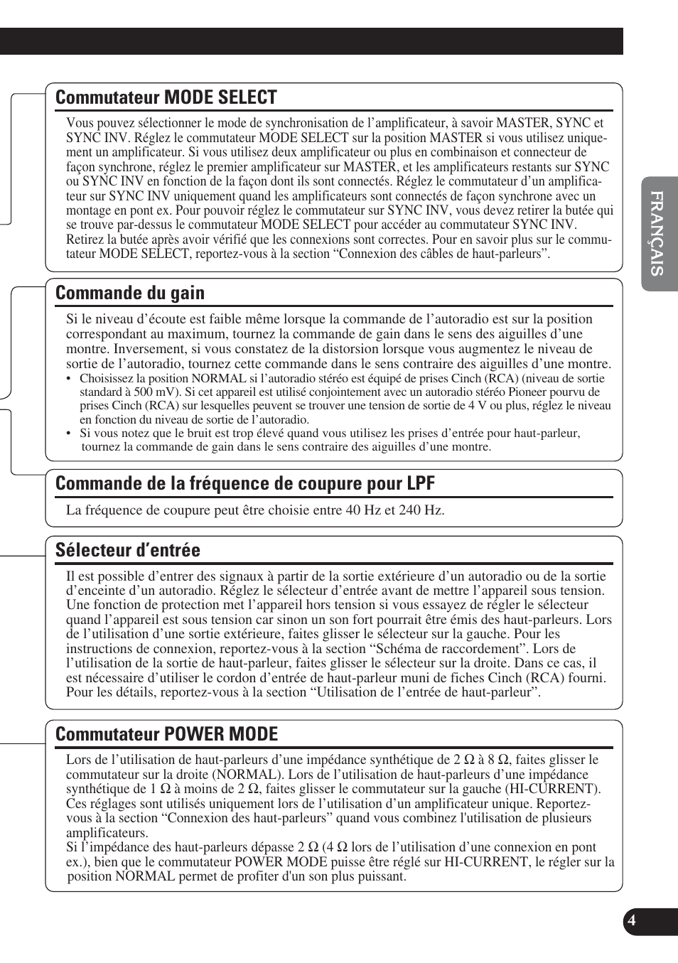 Coupure pour lpf, Sélecteur d’entrée commutateur power mode, Commande du gain | Sélecteur d’entrée, Commande de la fréquence de coupure pour lpf, Commutateur mode select, Commutateur power mode | Pioneer PREMIER PRS-D1200M User Manual | Page 21 / 50