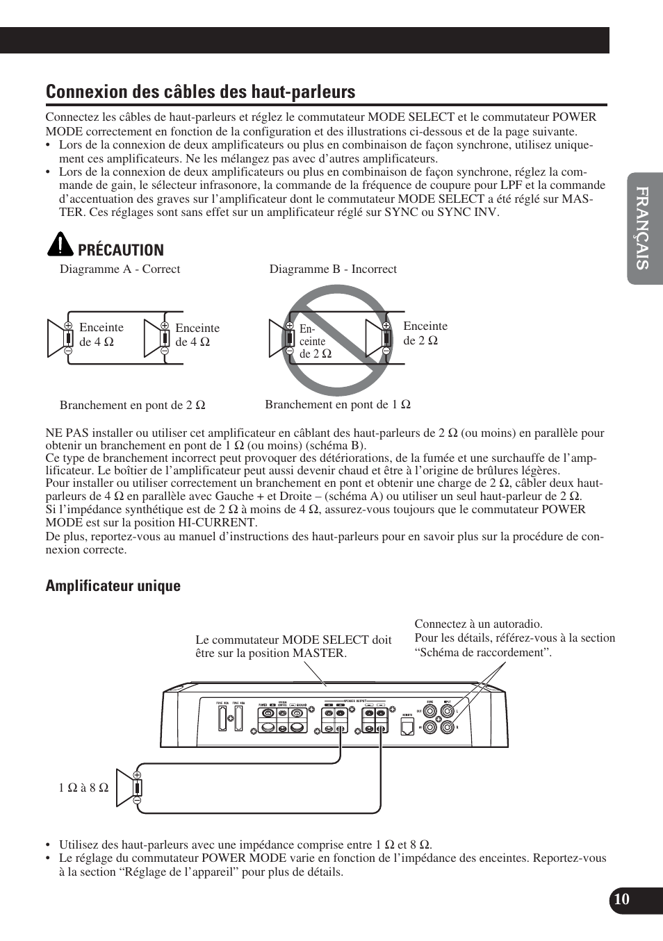 Connexion des câbles des haut-parleurs | Pioneer PREMIER PRS-D1200M User Manual | Page 27 / 50