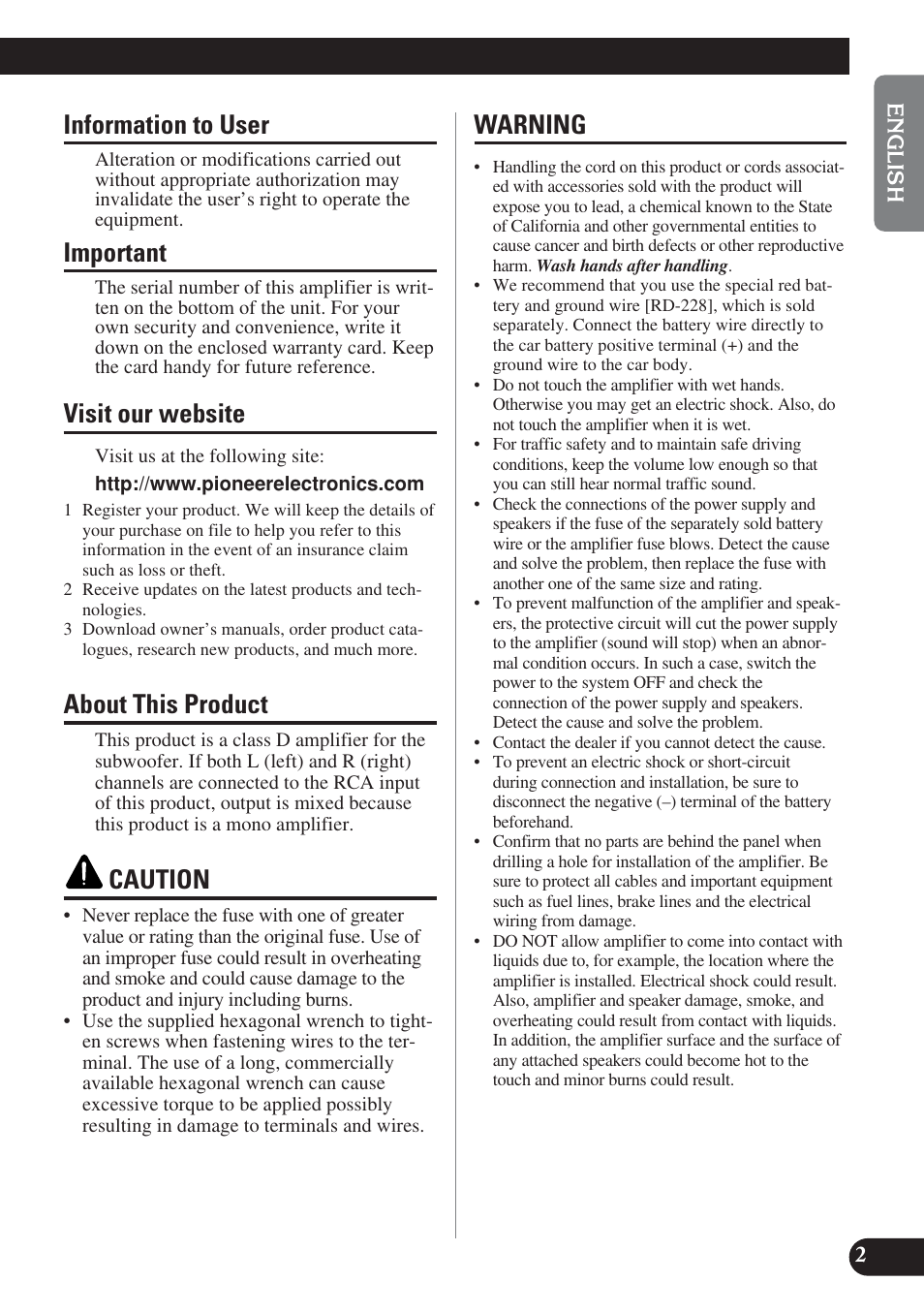 Information to user, Important, Visit our website | About this product, Caution, Warning | Pioneer PREMIER PRS-D1200M User Manual | Page 3 / 50