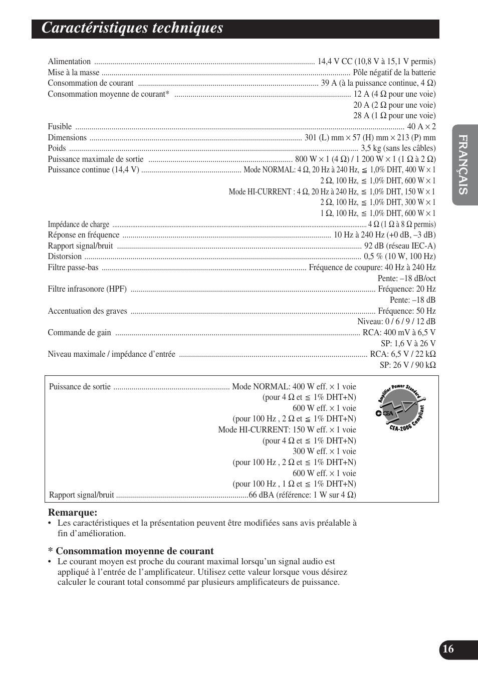 Caractéristiques techniques | Pioneer PREMIER PRS-D1200M User Manual | Page 33 / 50
