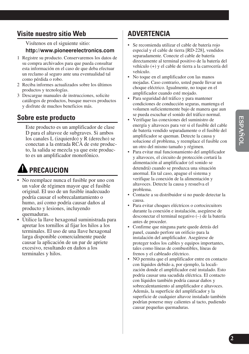 Visite nuestro sitio web, Sobre este producto, Precaucion | Advertencia | Pioneer PREMIER PRS-D1200M User Manual | Page 35 / 50