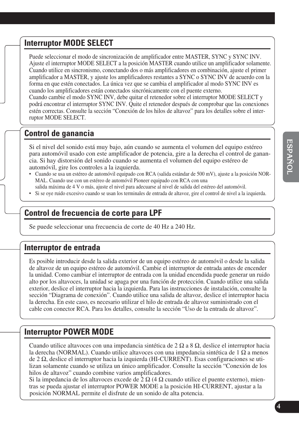 Control de ganancia, Interruptor de entrada, Control de frecuencia de corte para lpf | Interruptor mode select, Interruptor power mode | Pioneer PREMIER PRS-D1200M User Manual | Page 37 / 50