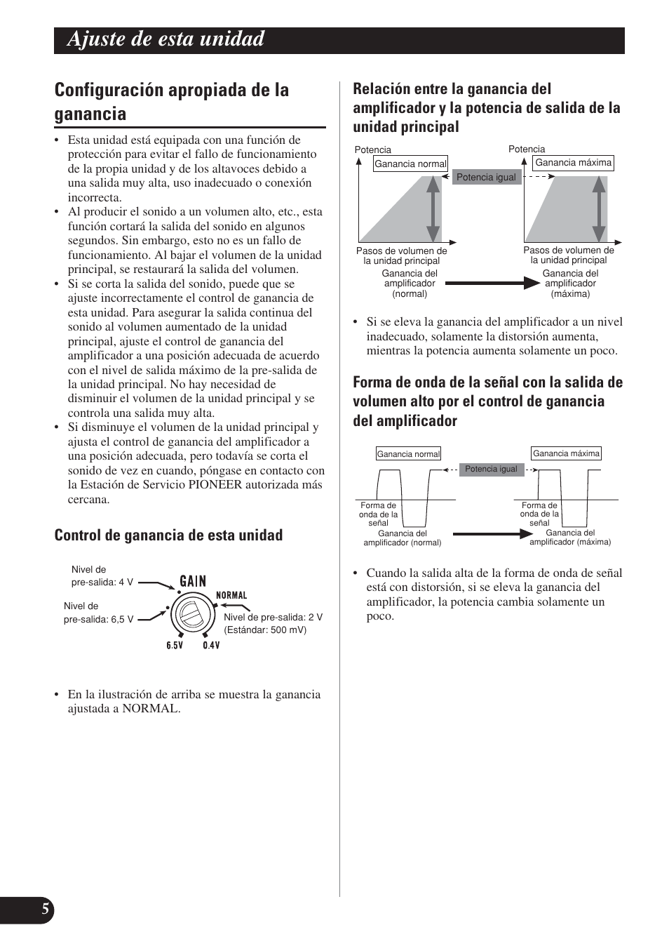 Configuración apropiada de la ganancia, Ajuste de esta unidad, Control de ganancia de esta unidad | Pioneer PREMIER PRS-D1200M User Manual | Page 38 / 50