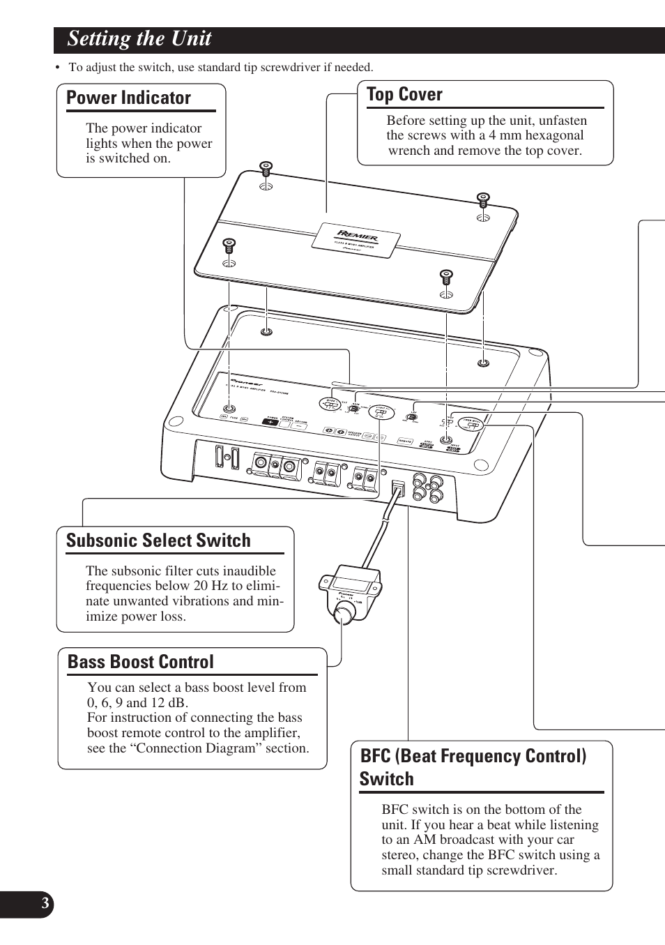 Setting the unit, Power indicator, Top cover | Bass boost control, Bfc (beat frequency control) switch, Subsonic select switch | Pioneer PREMIER PRS-D1200M User Manual | Page 4 / 50