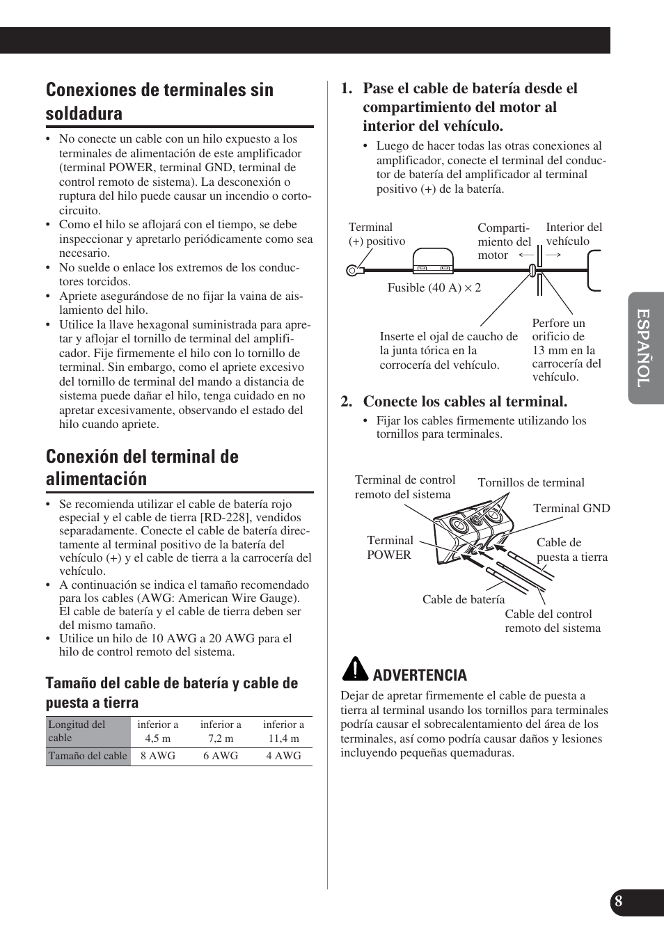 Conexiones de terminales sin soldadura, Conexión del terminal de alimentación, Conecte los cables al terminal | Advertencia | Pioneer PREMIER PRS-D1200M User Manual | Page 41 / 50