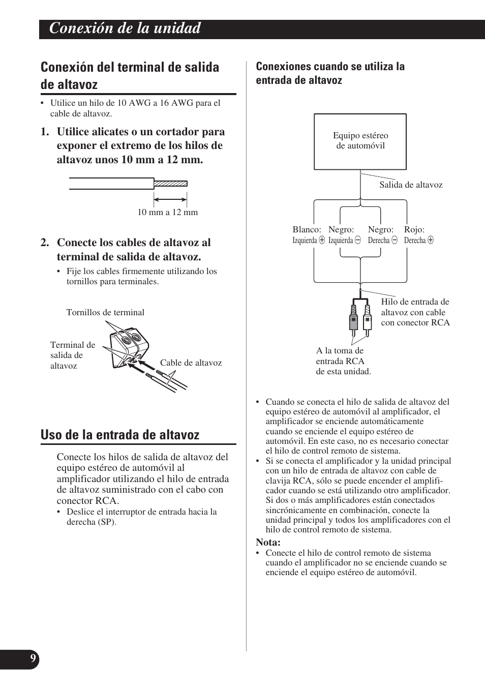 Conexión de la unidad, Conexión del terminal de salida de altavoz, Uso de la entrada de altavoz | Pioneer PREMIER PRS-D1200M User Manual | Page 42 / 50