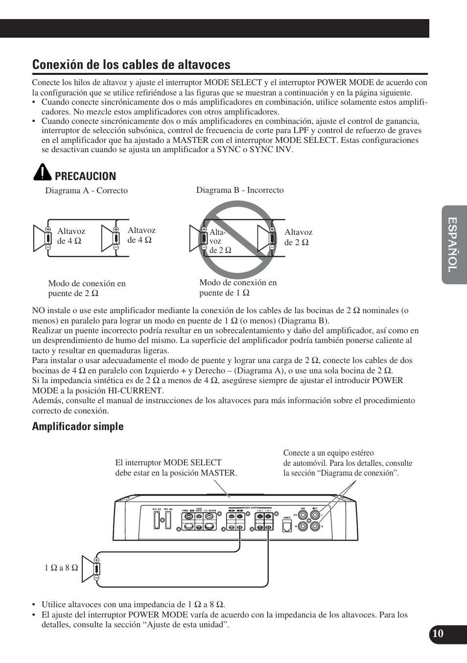 Conexión de los cables de altavoces | Pioneer PREMIER PRS-D1200M User Manual | Page 43 / 50