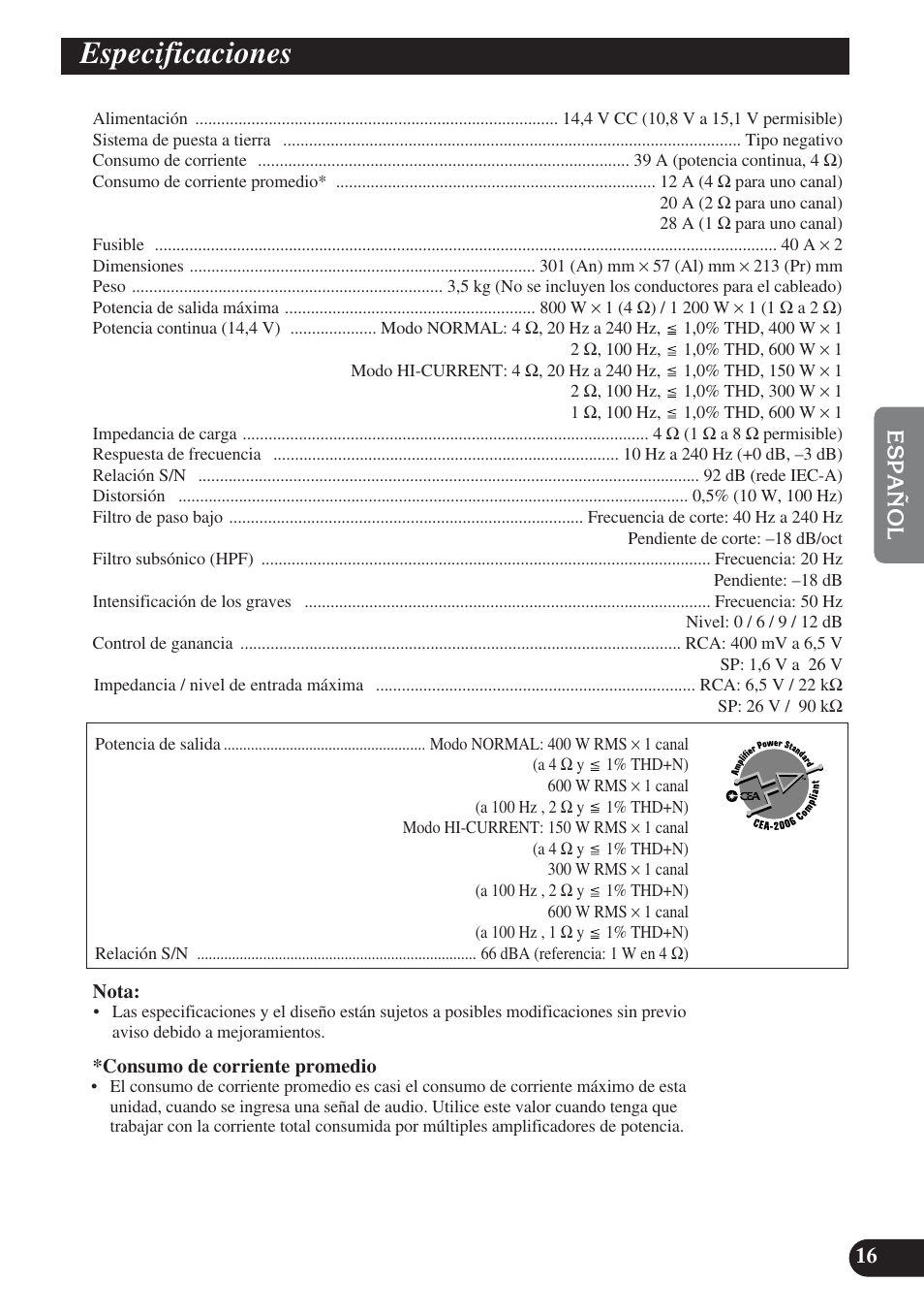 Especificaciones | Pioneer PREMIER PRS-D1200M User Manual | Page 49 / 50