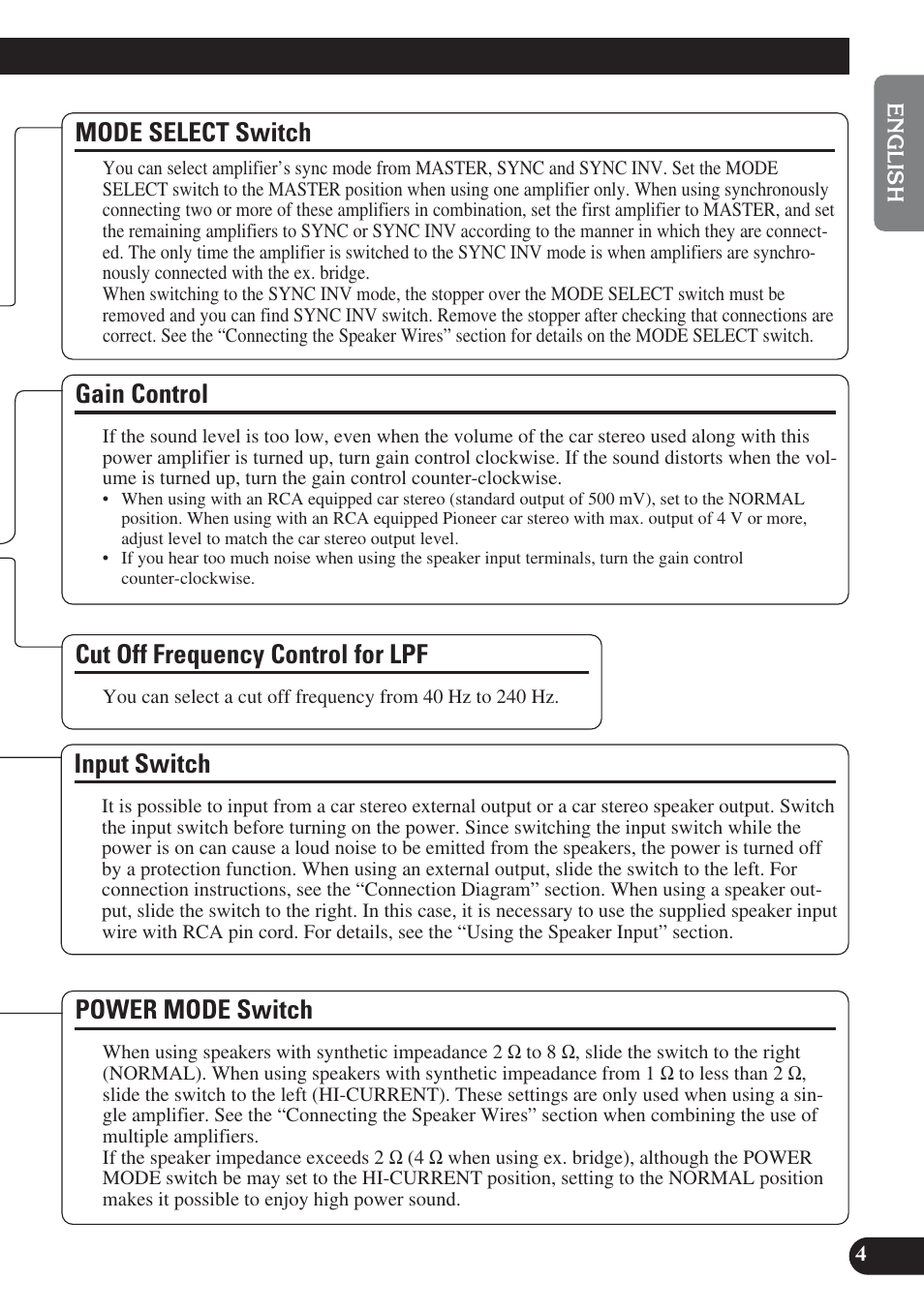 Gain control, Input switch, Mode select switch | Power mode switch, Cut off frequency control for lpf | Pioneer PREMIER PRS-D1200M User Manual | Page 5 / 50