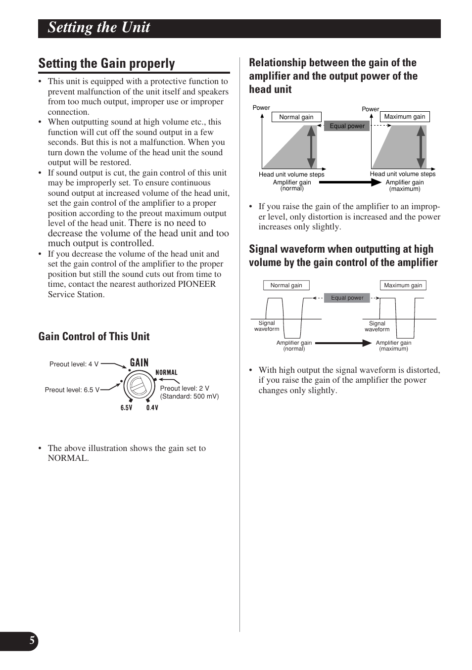 Setting the gain properly, Setting the unit, Gain control of this unit | Pioneer PREMIER PRS-D1200M User Manual | Page 6 / 50