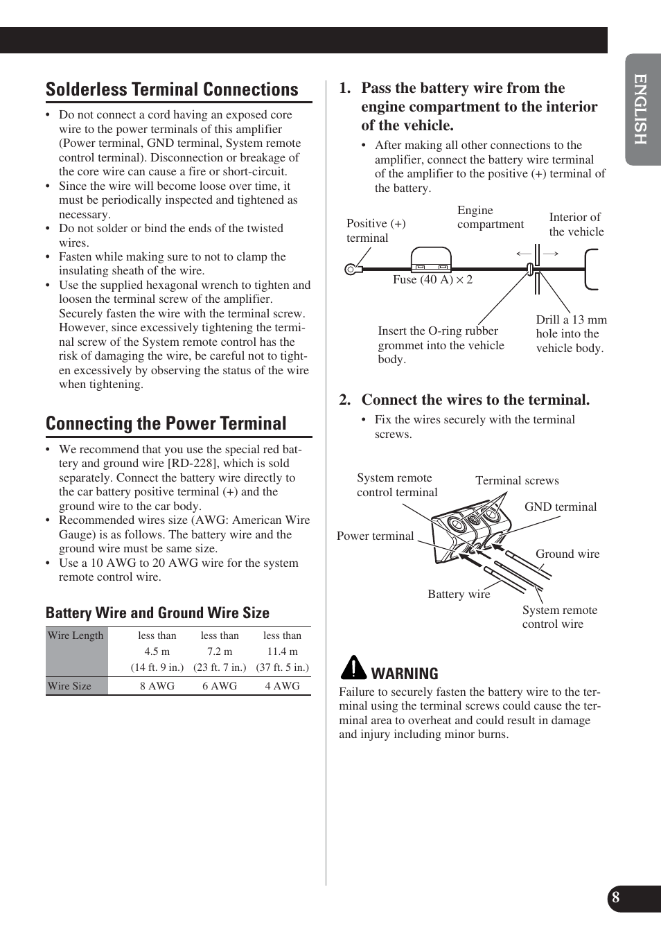 Solderless terminal connections, Connecting the power terminal, Battery wire and ground wire size | Connect the wires to the terminal, Warning | Pioneer PREMIER PRS-D1200M User Manual | Page 9 / 50