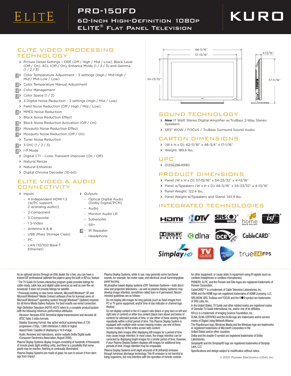 Pro-150fd, Inch high-definition 1080p elite, Flat panel television | Sound technology, Carton dimensions, Product dimensions, Integrated technologies, Elite video processing technology, Elite video & audio connectivity | Pioneer Elite KURO PRO 150FD User Manual | Page 2 / 2