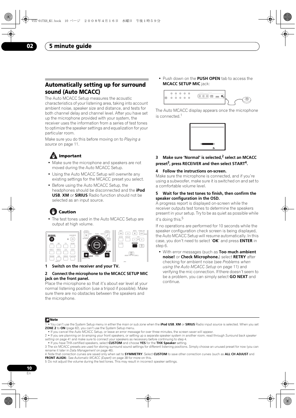 5 minute guide 02, 3make sure ‘normal’ is selected, Select an mcacc preset | Press receiver and then select start | Pioneer Elite VSX-01TXH User Manual | Page 10 / 104
