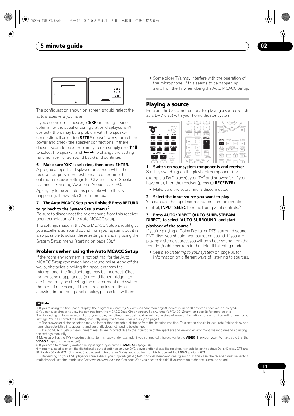 Problems when using the auto mcacc setup, Playing a source, 5 minute guide 02 | Pioneer Elite VSX-01TXH User Manual | Page 11 / 104