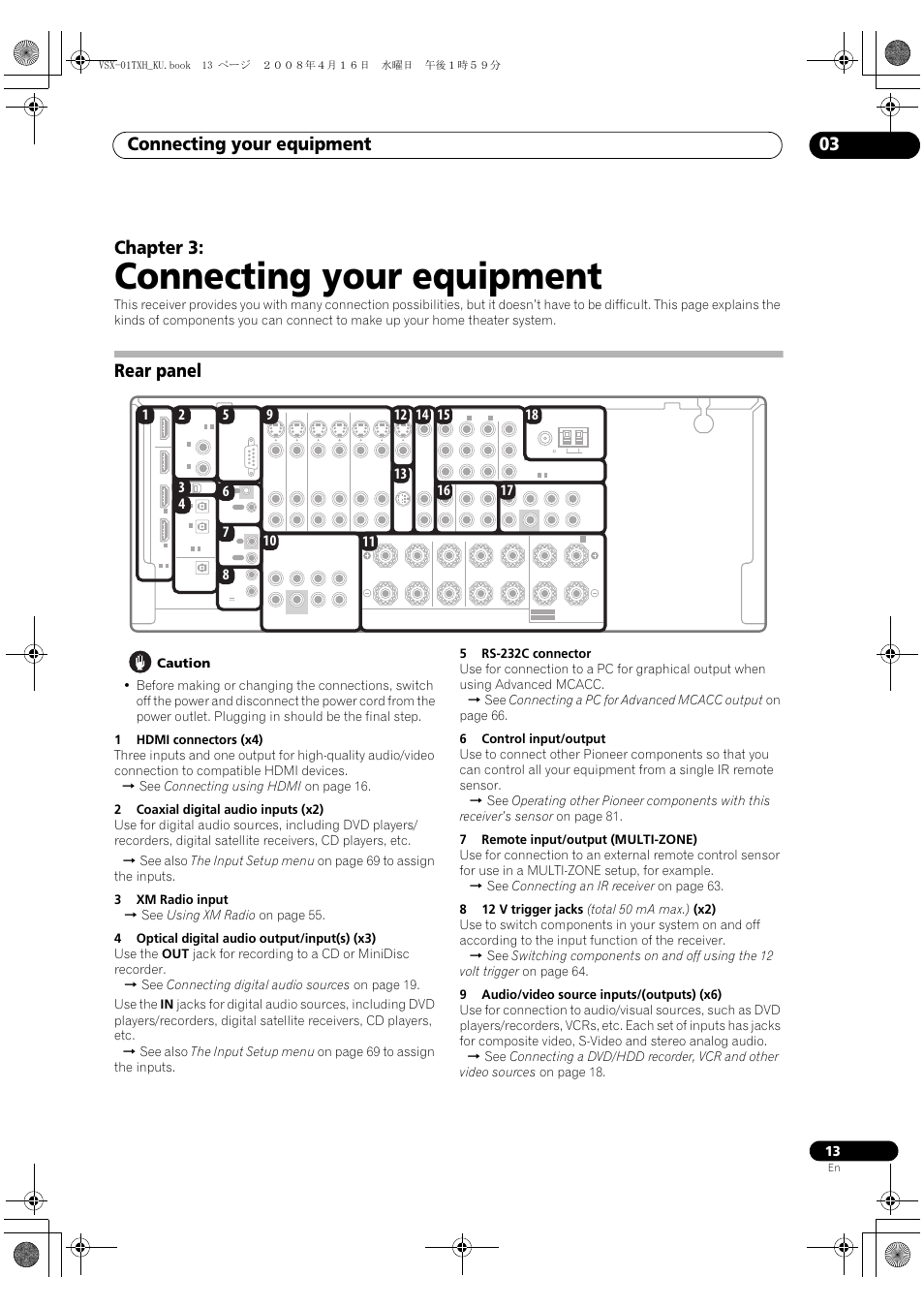 Rear panel, Connecting your equipment, Connecting your equipment 03 | Chapter 3, Vsx-01txh_ku.book 13 ページ ２００８年４月１６日 水曜日 午後１時５９分 | Pioneer Elite VSX-01TXH User Manual | Page 13 / 104