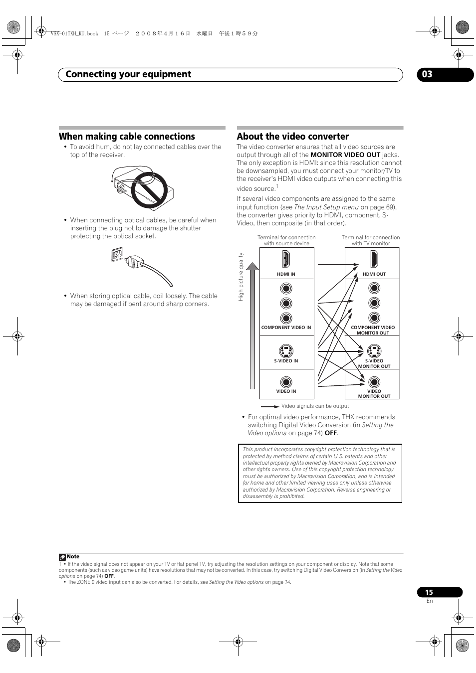 Connecting your equipment 03, When making cable connections, About the video converter | Pioneer Elite VSX-01TXH User Manual | Page 15 / 104