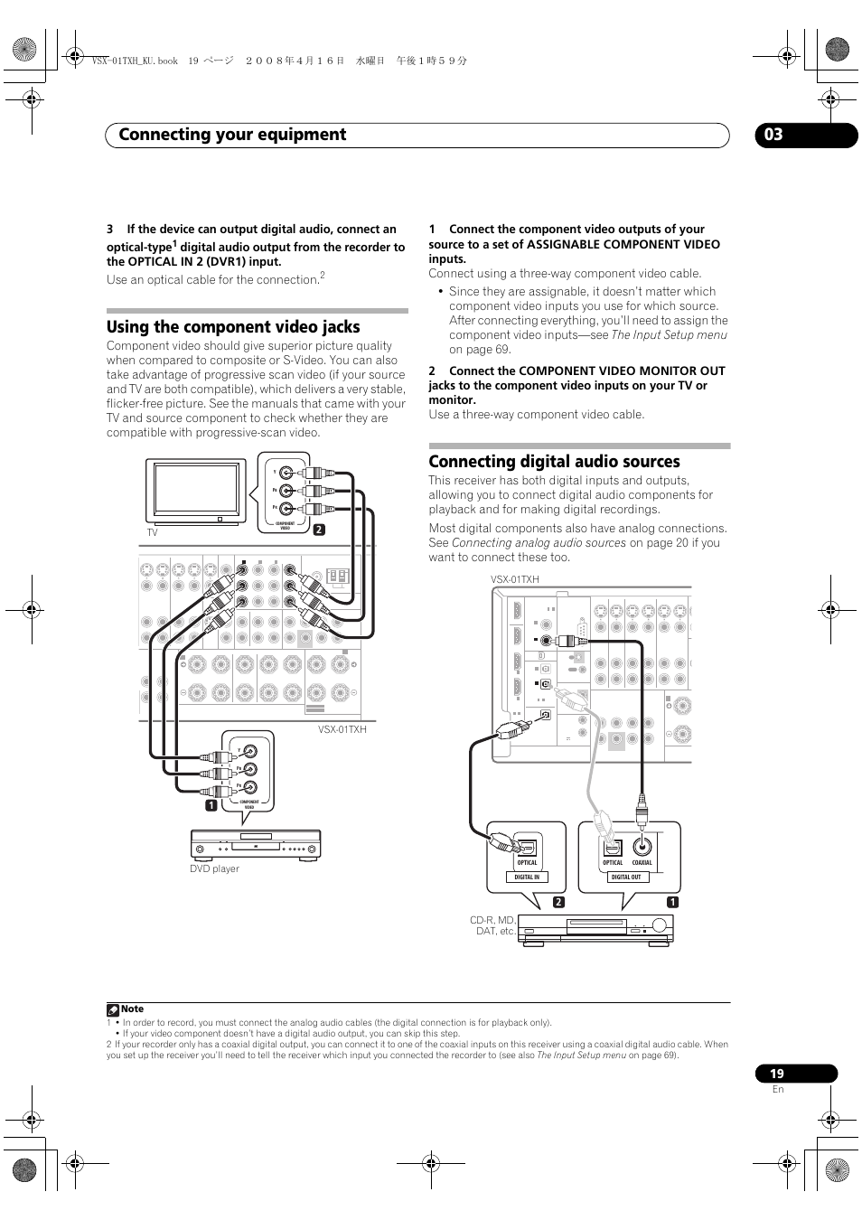 Connecting your equipment 03, Using the component video jacks, Connecting digital audio sources | 21 vsx-01txh tv dvd player | Pioneer Elite VSX-01TXH User Manual | Page 19 / 104