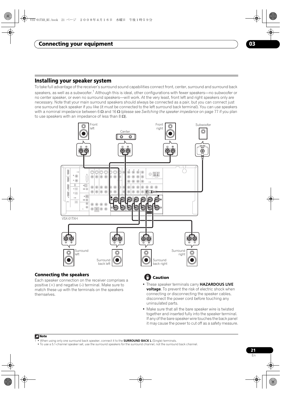 Installing your speaker system, Connecting the speakers, Connecting your equipment 03 | Pioneer Elite VSX-01TXH User Manual | Page 21 / 104