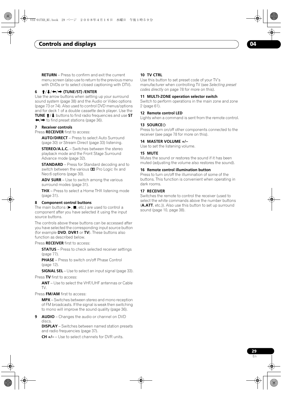 Controls and displays 04 | Pioneer Elite VSX-01TXH User Manual | Page 29 / 104