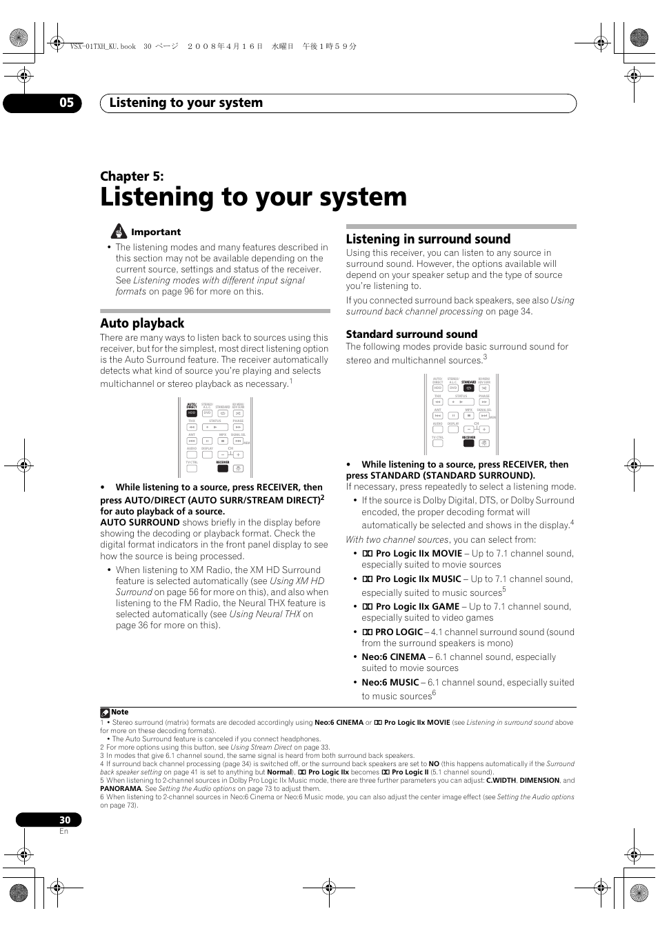 Auto playback listening in surround sound, Standard surround sound, Listening to your system | Listening to your system 05, Chapter 5, Auto playback, Listening in surround sound | Pioneer Elite VSX-01TXH User Manual | Page 30 / 104