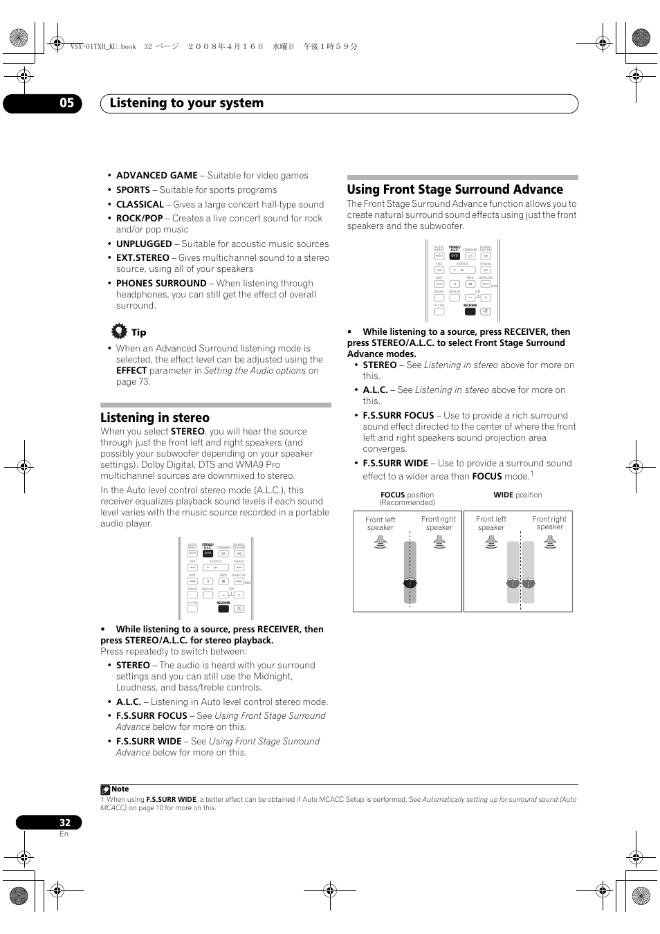 Listening to your system 05, Listening in stereo, Using front stage surround advance | Pioneer Elite VSX-01TXH User Manual | Page 32 / 104