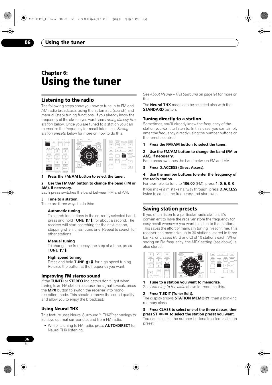 Listening to the radio, Saving station presets, Using the tuner | Using the tuner 06, Chapter 6, Improving fm stereo sound, Using neural thx, Tuning directly to a station, This feature uses neural surround™, thx | Pioneer Elite VSX-01TXH User Manual | Page 36 / 104