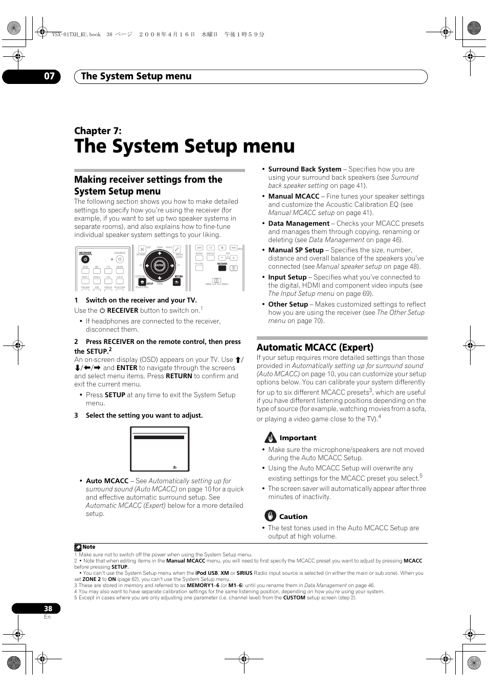 The system setup menu, The system setup menu 07, Chapter 7 | Automatic mcacc (expert) | Pioneer Elite VSX-01TXH User Manual | Page 38 / 104