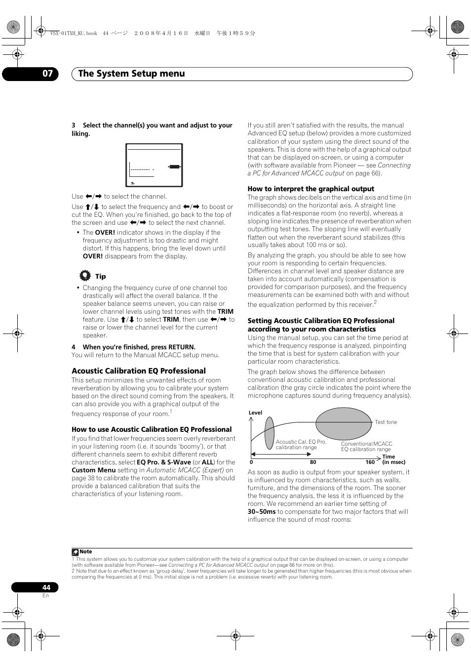 Acoustic calibration eq professional, The system setup menu 07, How to use acoustic calibration eq professional | How to interpret the graphical output | Pioneer Elite VSX-01TXH User Manual | Page 44 / 104