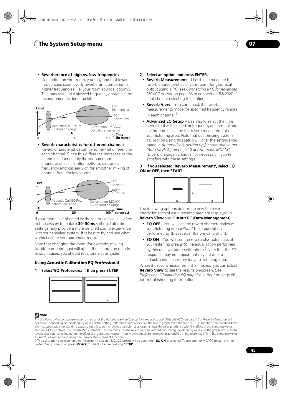 The system setup menu 07, Using acoustic calibration eq professional | Pioneer Elite VSX-01TXH User Manual | Page 45 / 104