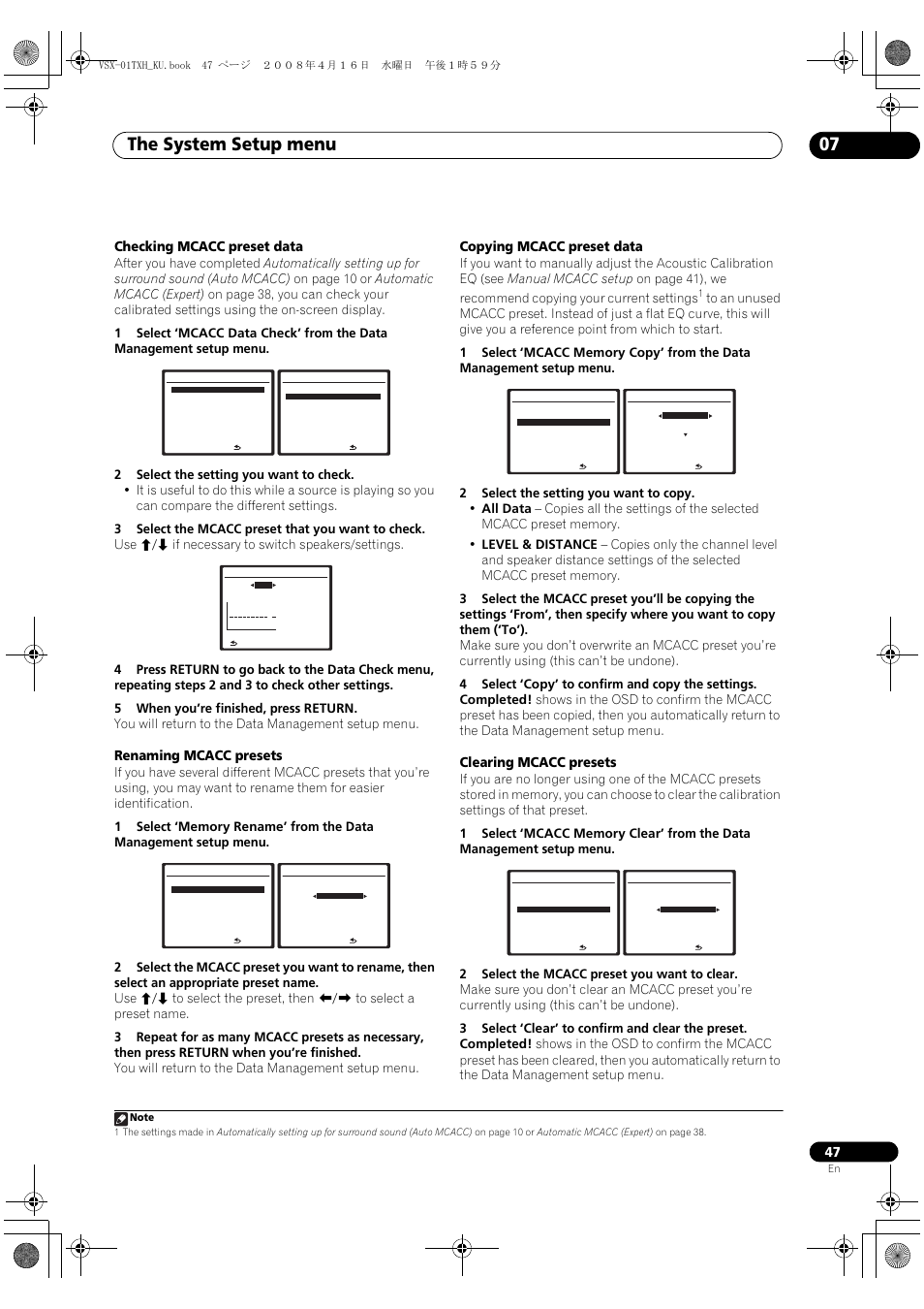 The system setup menu 07, Checking mcacc preset data, Renaming mcacc presets | Copying mcacc preset data, Clearing mcacc presets | Pioneer Elite VSX-01TXH User Manual | Page 47 / 104