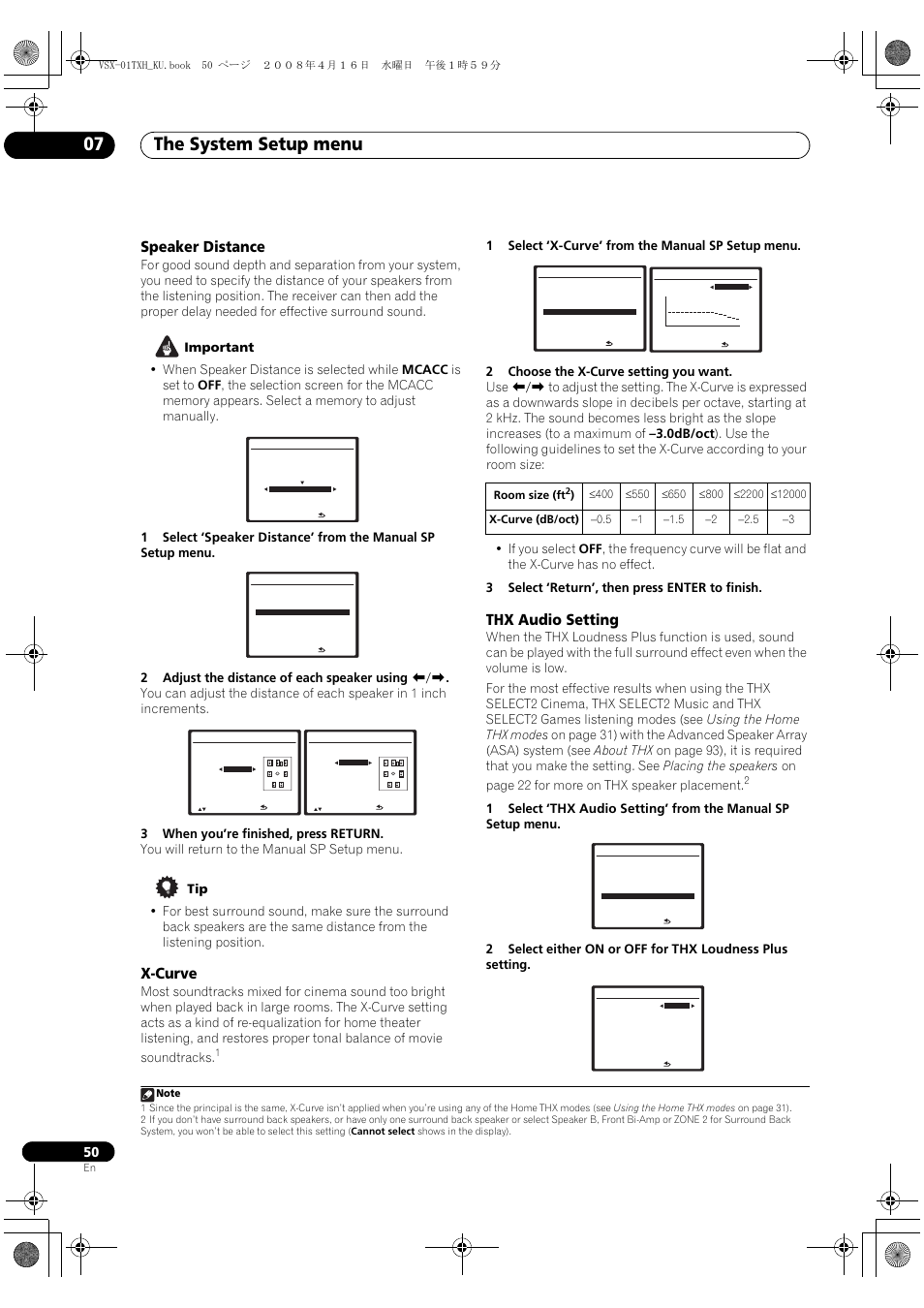 Speaker distance x-curve thx audio setting, The system setup menu 07, Speaker distance | X-curve, Thx audio setting | Pioneer Elite VSX-01TXH User Manual | Page 50 / 104