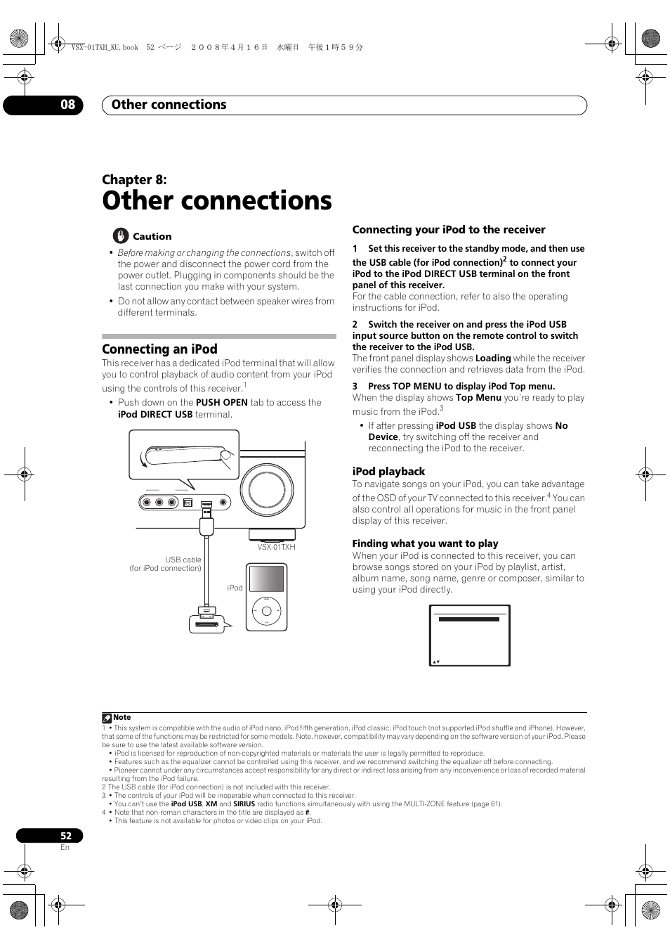 Connecting an ipod, Connecting your ipod to the receiver ipod playback, Other connections | Other connections 08, Chapter 8, Connecting your ipod to the receiver, Ipod playback, Finding what you want to play | Pioneer Elite VSX-01TXH User Manual | Page 52 / 104