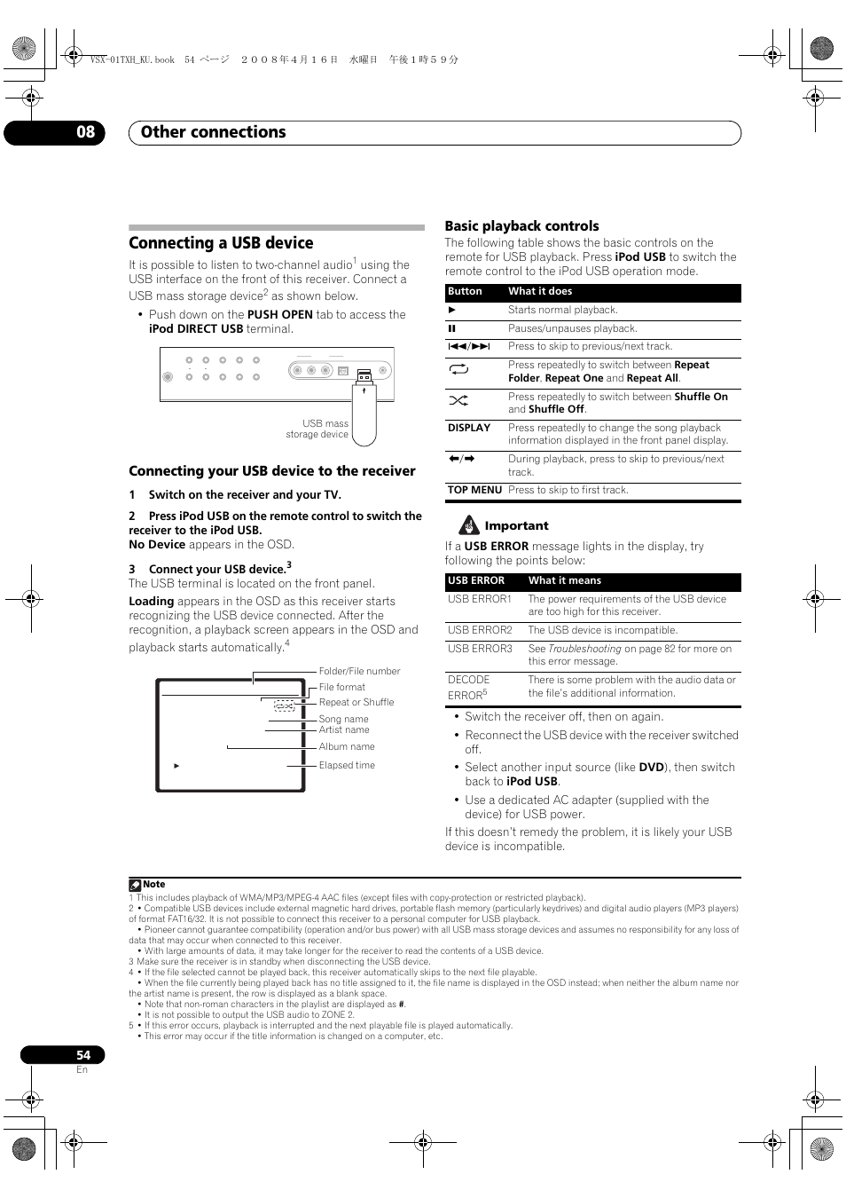 Connecting a usb device, Other connections 08, Connecting your usb device to the receiver | Basic playback controls, It is possible to listen to two-channel audio | Pioneer Elite VSX-01TXH User Manual | Page 54 / 104