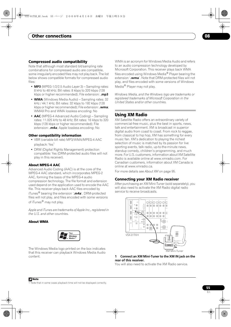Compressed audio compatibility, Using xm radio, Connecting your xm radio receiver | Other connections 08, Other compatibility information, About mpeg-4 aac, About wma | Pioneer Elite VSX-01TXH User Manual | Page 55 / 104