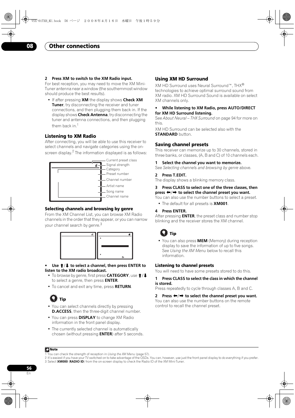 Other connections 08, Listening to xm radio, Using xm hd surround | Saving channel presets | Pioneer Elite VSX-01TXH User Manual | Page 56 / 104