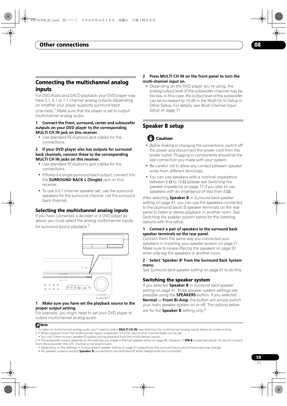 Connecting the multichannel analog inputs, Selecting the multichannel analog inputs, Speaker b setup | Switching the speaker system, Other connections 08 | Pioneer Elite VSX-01TXH User Manual | Page 59 / 104