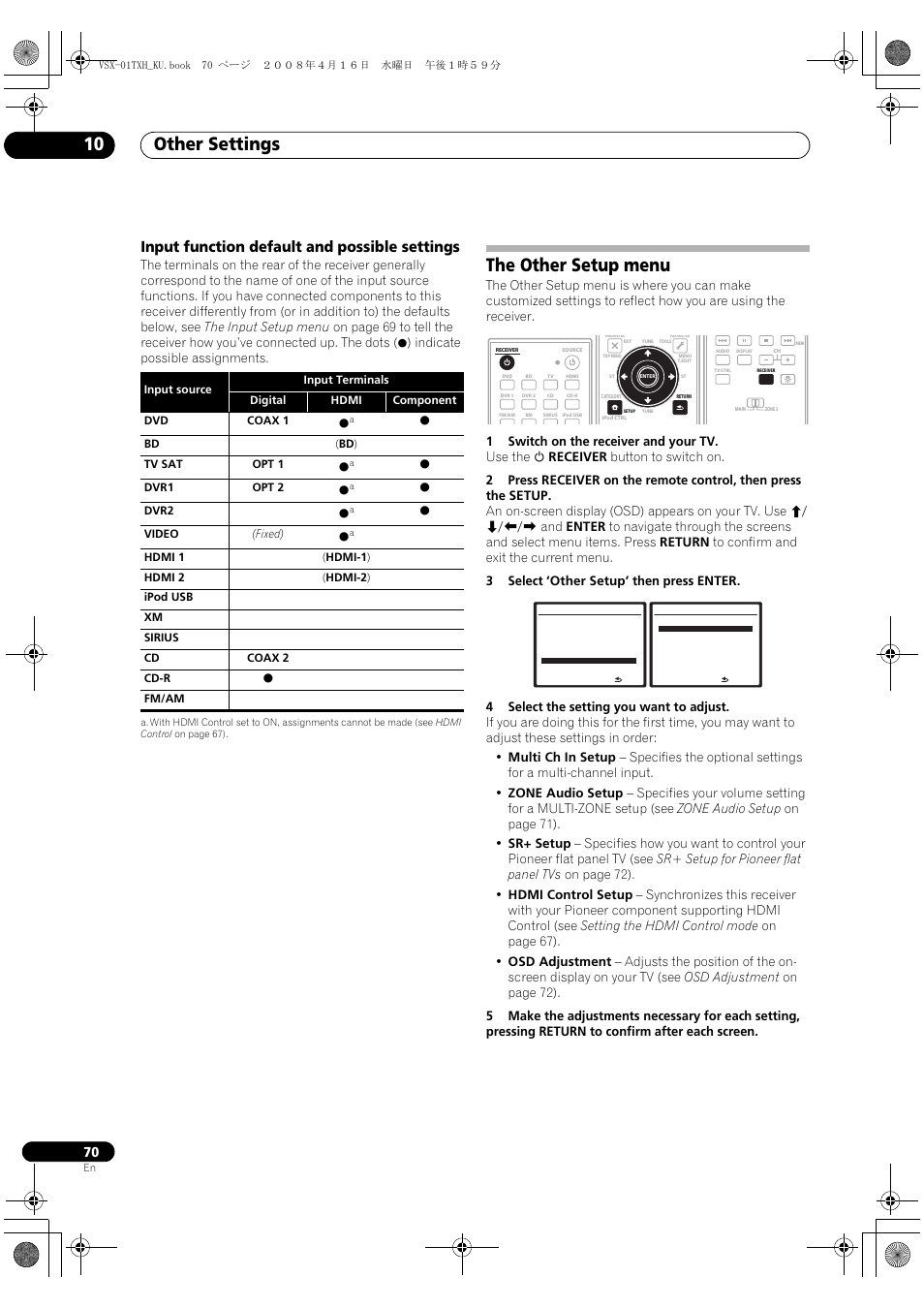Input function default and possible settings, The other setup menu, Other settings 10 | Pioneer Elite VSX-01TXH User Manual | Page 70 / 104