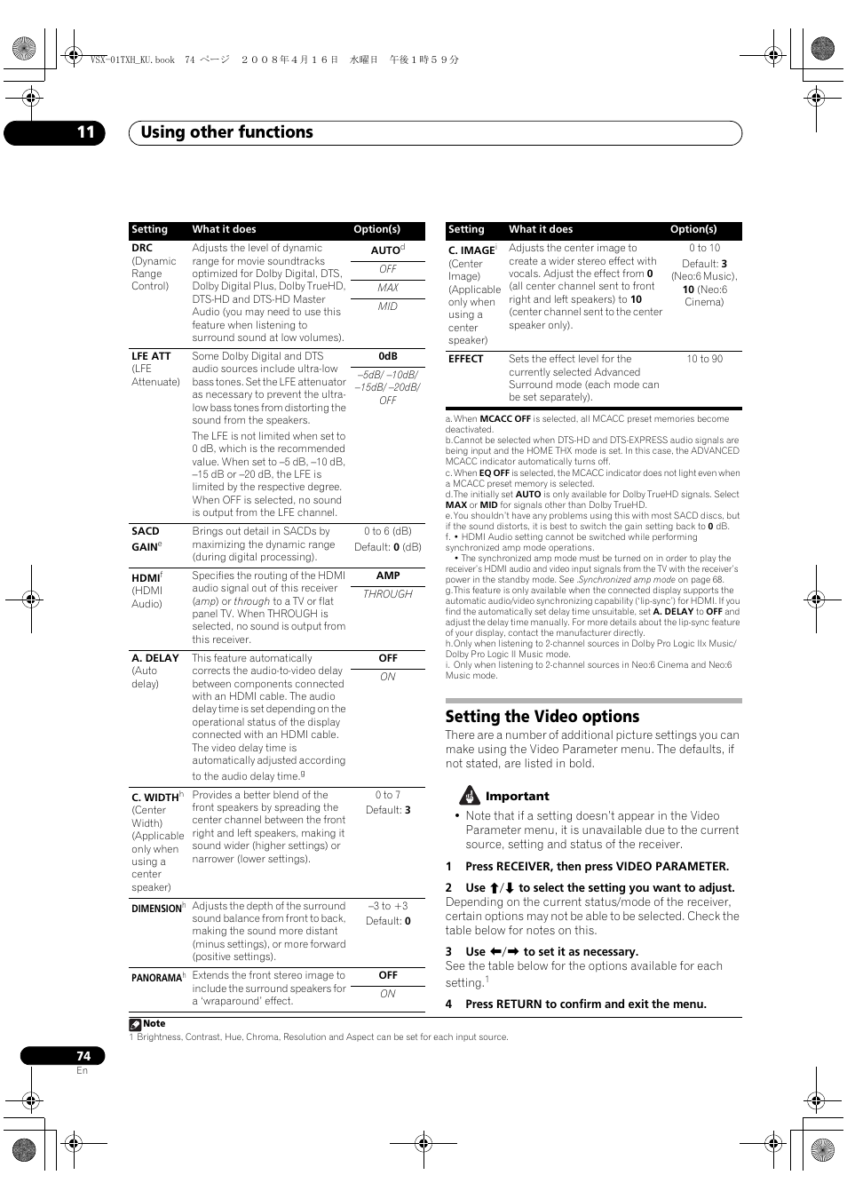 Setting the video options, Using other functions 11 | Pioneer Elite VSX-01TXH User Manual | Page 74 / 104