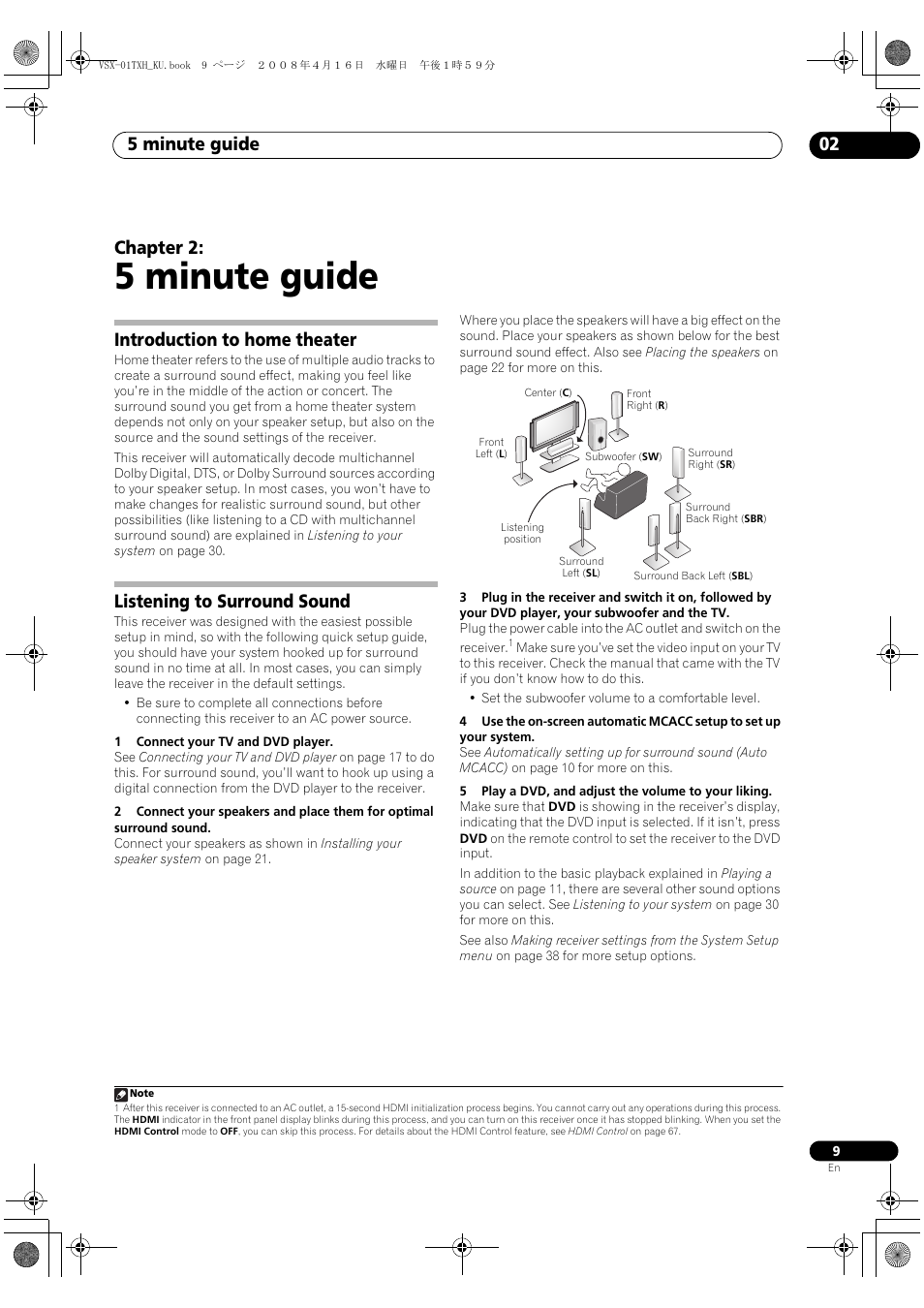 5 minute guide, 5 minute guide 02, Chapter 2 | Introduction to home theater, Listening to surround sound | Pioneer Elite VSX-01TXH User Manual | Page 9 / 104