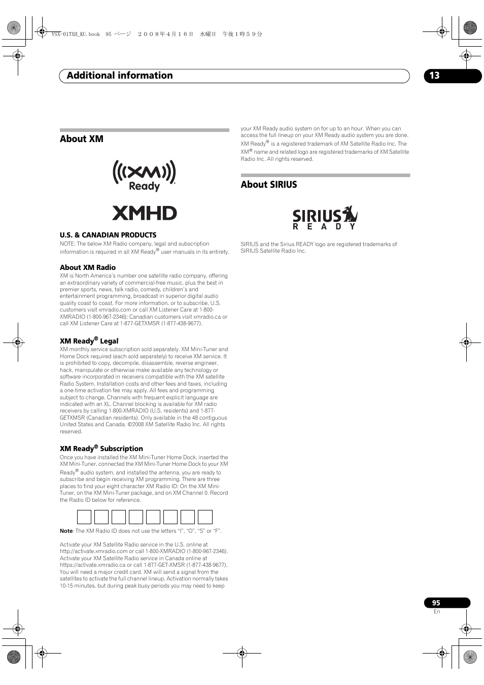 About xm about sirius, Additional information 13, About xm | About sirius | Pioneer Elite VSX-01TXH User Manual | Page 95 / 104