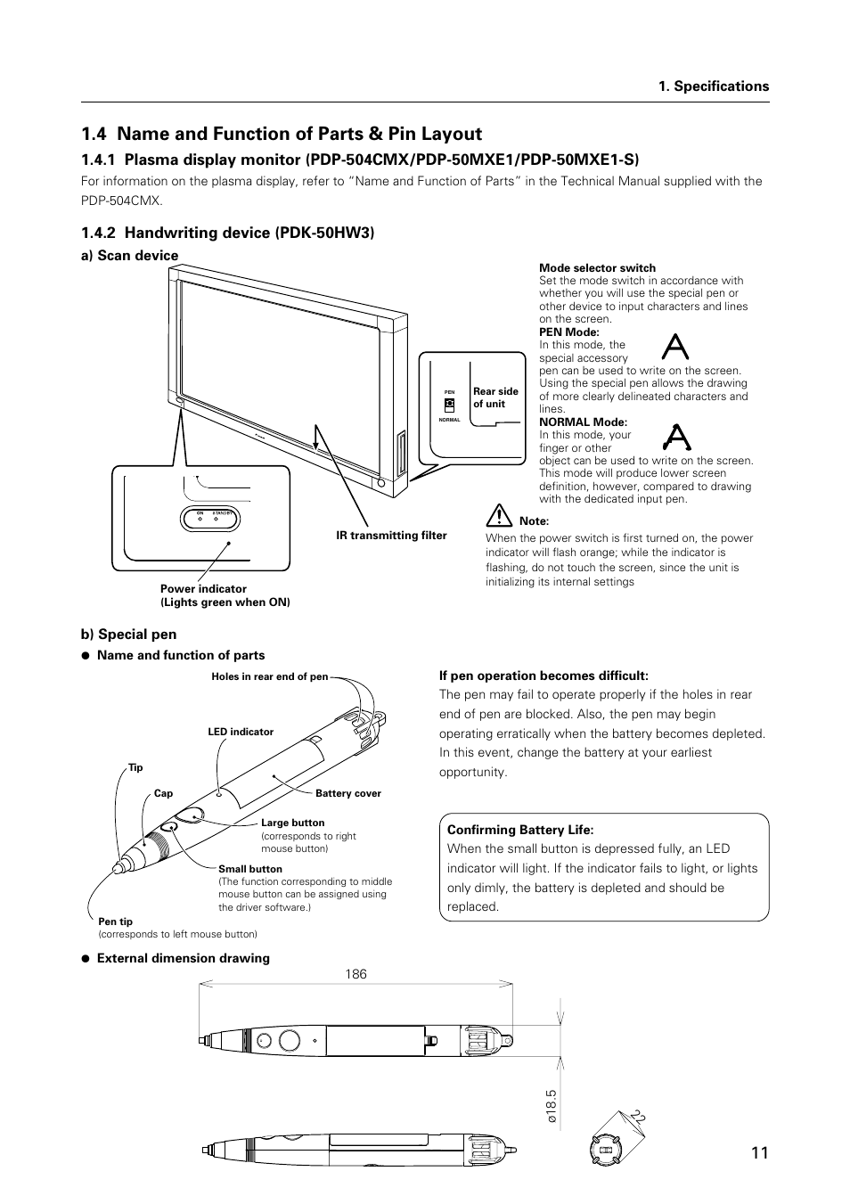 4 name and function of parts & pin layout, 2 handwriting device (pdk-50hw3) | Pioneer HANDWRITING DEVICE PDK-50HW3 User Manual | Page 11 / 52