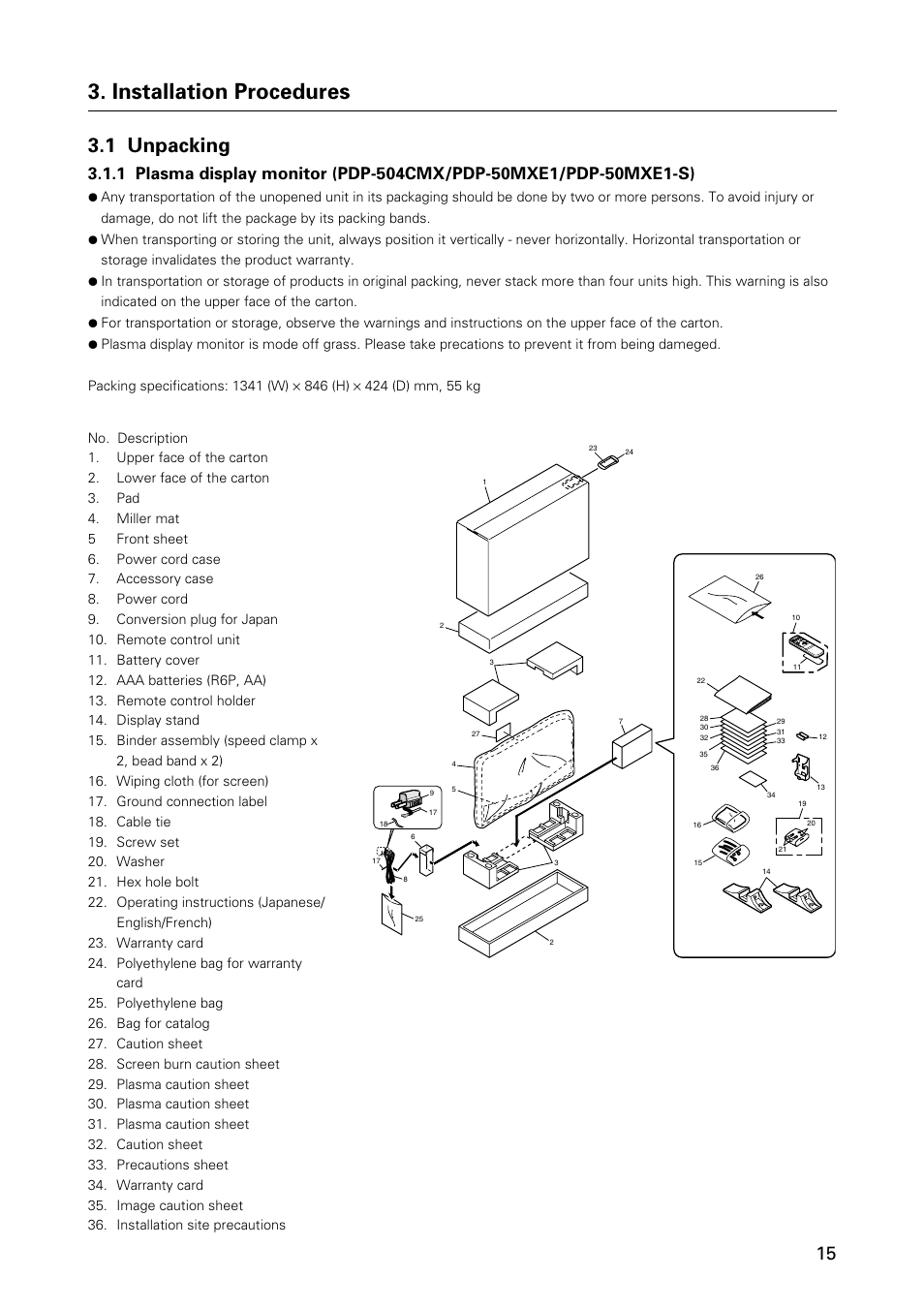 Installation procedures, 1 unpacking | Pioneer HANDWRITING DEVICE PDK-50HW3 User Manual | Page 15 / 52
