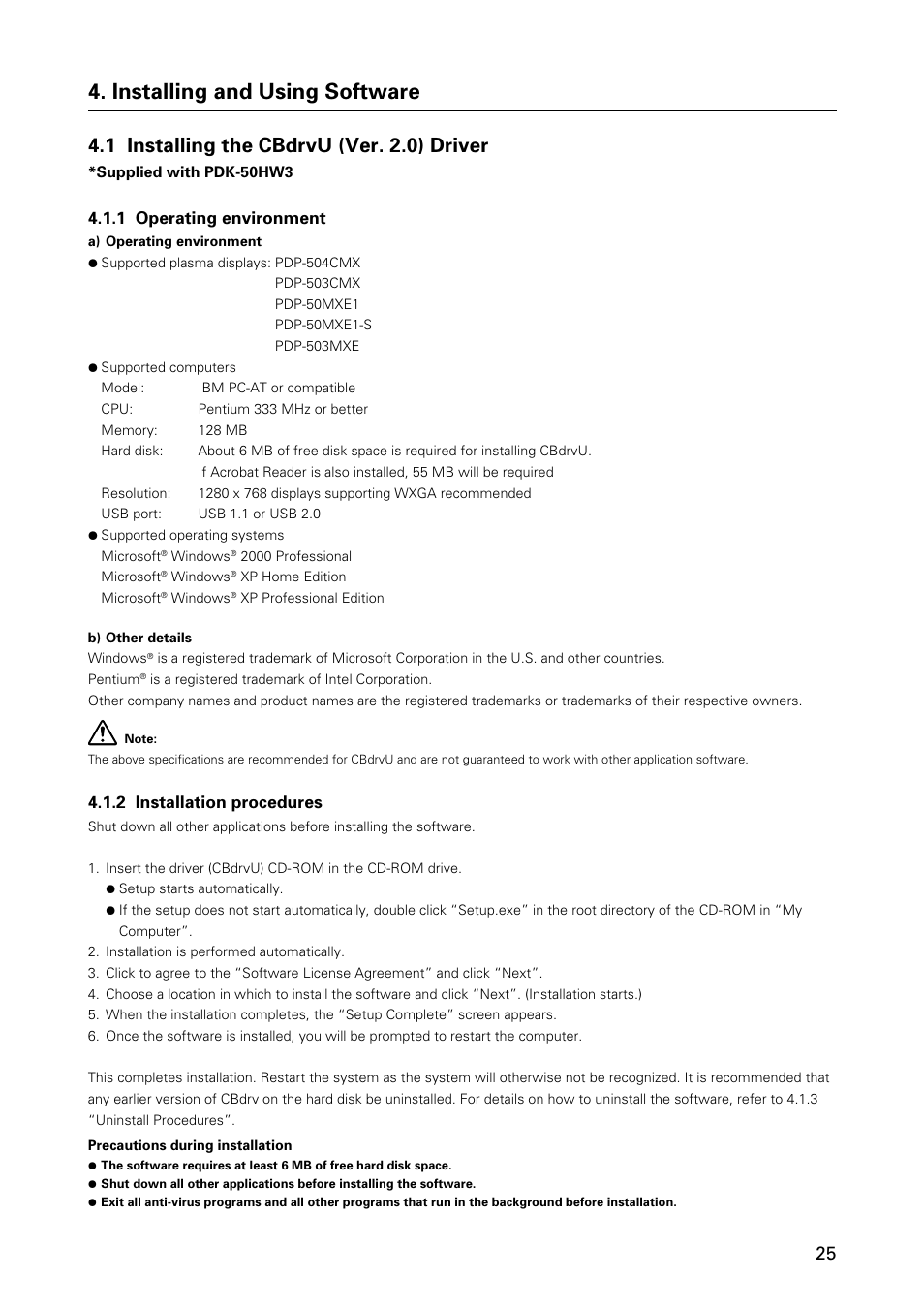 Installing and using software, 1 installing the cbdrvu (ver. 2.0) driver | Pioneer HANDWRITING DEVICE PDK-50HW3 User Manual | Page 25 / 52