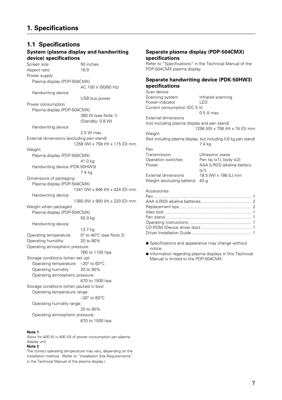 Specifications, 1 specifications | Pioneer HANDWRITING DEVICE PDK-50HW3 User Manual | Page 7 / 52