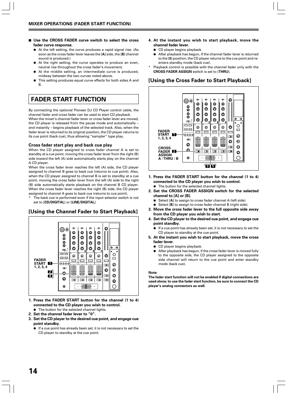 Fader start function, Using the channel fader to start playback, Using the cross fader to start playback | Pioneer DJM-600 User Manual | Page 14 / 24