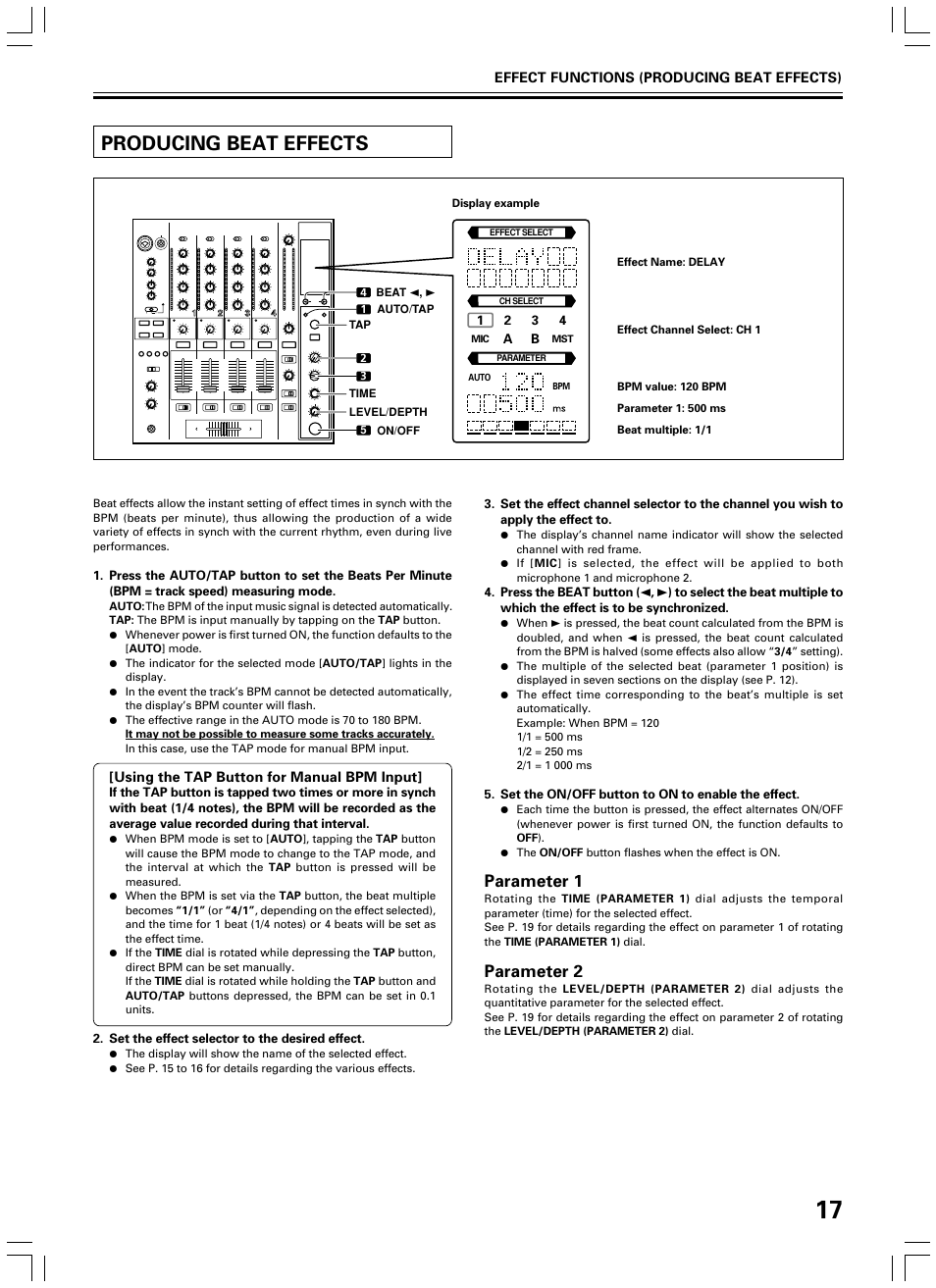 Producing beat effects, Parameter 1, Parameter 2 | Pioneer DJM-600 User Manual | Page 17 / 24