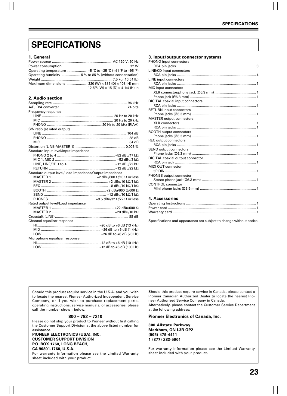 Specifications | Pioneer DJM-600 User Manual | Page 23 / 24