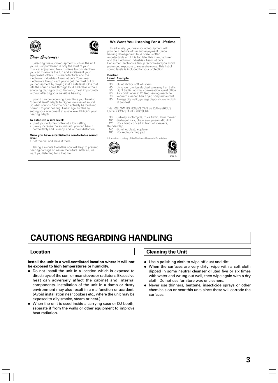 Cautions regarding handling, Location, Cleaning the unit | Pioneer DJM-600 User Manual | Page 3 / 24