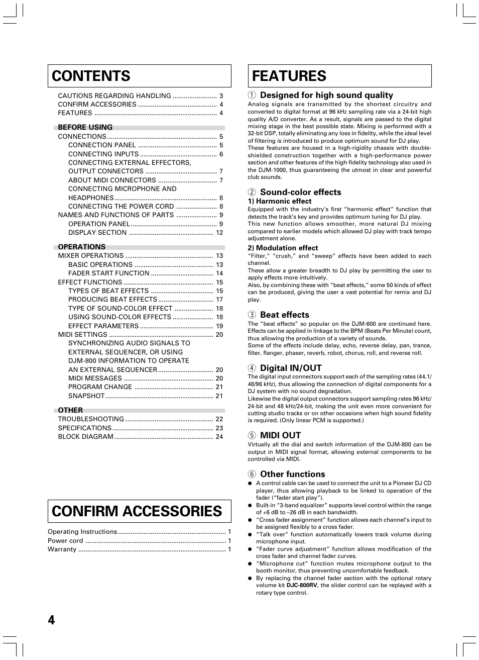 Features contents confirm accessories | Pioneer DJM-600 User Manual | Page 4 / 24