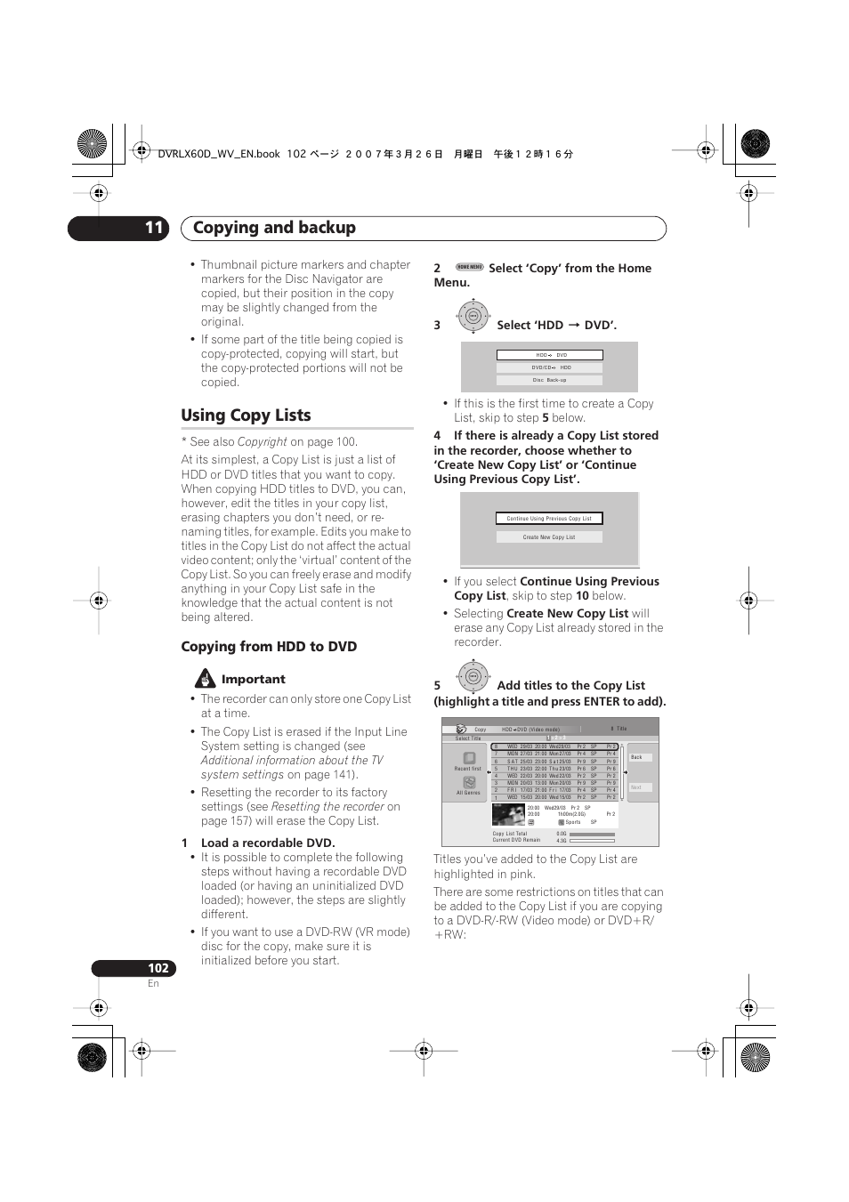 Using copy lists, Copying and backup 11, Copying from hdd to dvd | Pioneer DVR-LX60D User Manual | Page 102 / 160